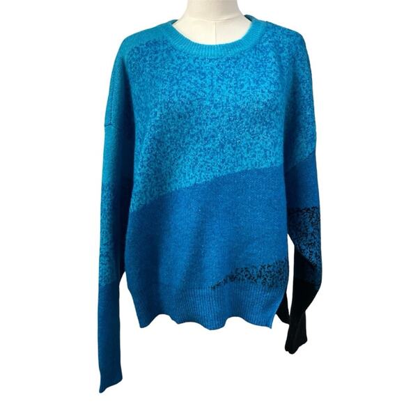 DKNY Jeans Mixed-Knit Drop-Sleeve Sweater Long Sleeve Crew Neck‎ Blue Womens L - Picture 1 of 16